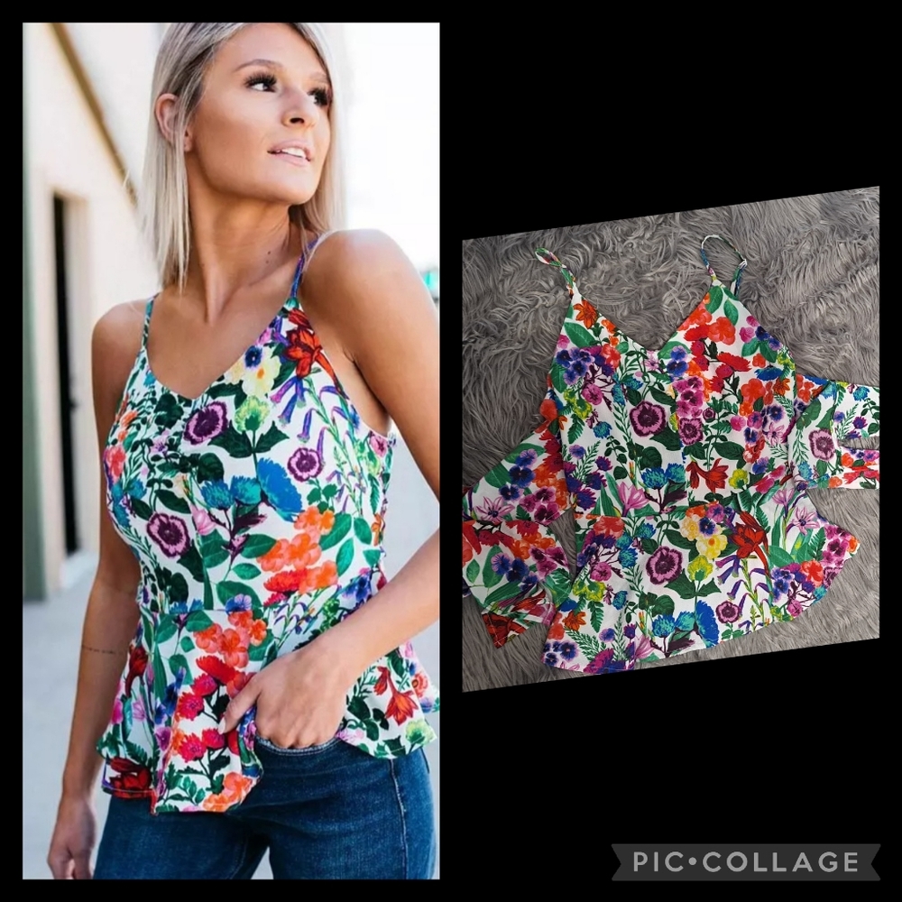 Willow root smocked peplum tank top floral blouse colorful spring summer boho sm